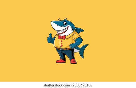 Cheerful cartoon shark in formal attire giving a thumbs-up.