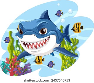 Cheerful cartoon shark swimming with tropical fish.