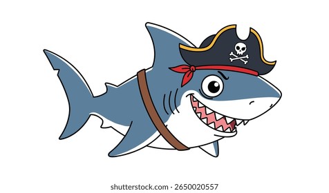 A cheerful cartoon shark wearing a pirate hat and a red bandana ready for adventure on the high seas