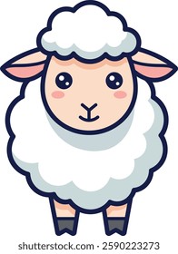 A cheerful cartoon sheep with fluffy white wool and a sweet expression stands proudly, conveying a playful and friendly atmosphere.