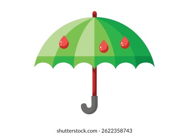 Cheerful cartoon showing an animated umbrella with a green canopy and white stripes, featuring hanging red water droplets, against a clean white background, for creative use.