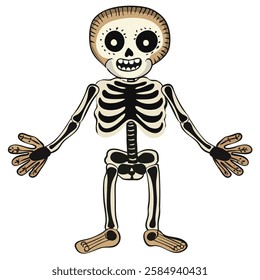 cheerful cartoon skeleton with round head and exaggerated features, arms outstretched, perfect for Halloween themes and decorations