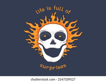 Cheerful cartoon skull on fire with a motivational slogan. Burning skull. Life is full of surprises. Vector graphics