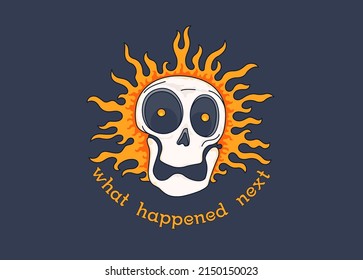 Cheerful cartoon skull on fire with a motivational slogan. Burning skull. What happened next. Vector graphics