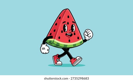 A cheerful cartoon slice of watermelon with arms and legs is depicted walking against a light blue background.