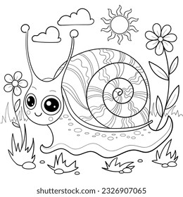 Cheerful cartoon snail crawls in the garden on the grass. Black and white linear drawing. For children's design of prints, posters, puzzle stickers and so on. Vector