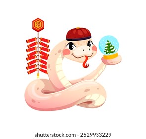 Cheerful cartoon snake character, symbolizing the Chinese Lunar Year 2025, wears traditional red hat while holding a festive snow globe with a Christmas tree and firecrackers exudes cultural tradition