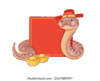 Cheerful cartoon snake wearing a traditional festive Chinese hat with blank red banner or scroll and golden sychee, symbolizing wealth and prosperity for lunar new year or cultural 2025 celebrations