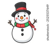 Cheerful cartoon snowman with a black hat, red and green scar