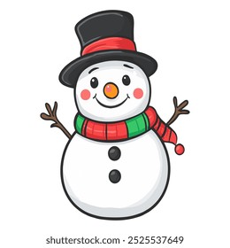 Cheerful cartoon snowman with a black hat, red and green scar