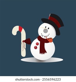 Cheerful cartoon snowman with black hat, red grater and candy cane,vector illustration