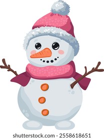 Cheerful cartoon snowman with a pink knitted hat, pink scarf. Christmas illustration.