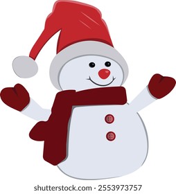 Cheerful cartoon snowman with a red santa hat and scarf