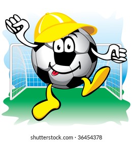 cheerful cartoon soccer ball with cap in the goal