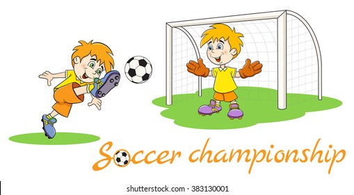 Cheerful cartoon soccer player kicks the ball. Goalkeeper on gates catches the ball. Vector illustration.