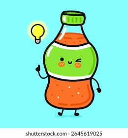 A cheerful cartoon soda bottle winks while a lightbulb glows above it.