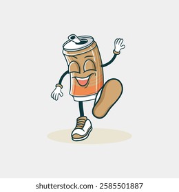 A cheerful cartoon soda can character with arms and legs happily walks and waves.