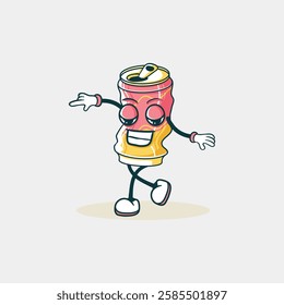 A cheerful cartoon soda can character strolls happily with a joyful expression.