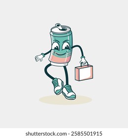 A cheerful cartoon soda can character walks happily while carrying a small box.