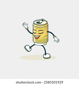 A cheerful cartoon soda can character is depicted walking happily with a joyful expression.