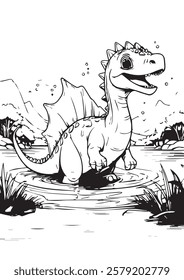 A cheerful cartoon spinosaurus wading in a calm pond within a prehistoric jungle. Perfect for kids' coloring books, educational resources, and dinosaur-themed party decorations