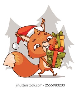 A cheerful cartoon squirrel, adorably wearing a Santa hat, joyfully carrying a wonderful assortment of presents