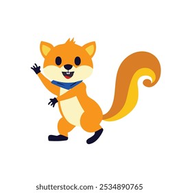 A cheerful cartoon squirrel with a blue scarf, waving happily.