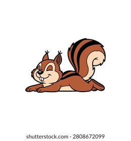 A cheerful cartoon squirrel with a bushy tail stretches out on the ground, smiling with closed eyes and a playful demeanor