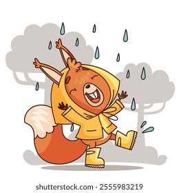 A cheerful cartoon squirrel in a yellow raincoat joyfully enjoying the rain, perfect for childrens content