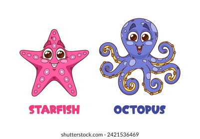 Cheerful Cartoon Starfish With A Vibrant Pink Hue, Spreading Positivity. Playful Octopus, Sporting A Mischievous Grin