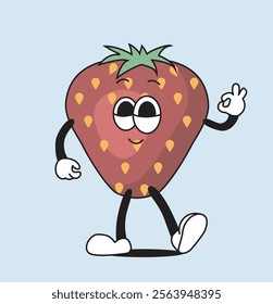 Cheerful cartoon strawberry character with a smiling face, walking pose, and making an OK hand gesture, isolated on a light blue background. Flat cartoon vector illustration