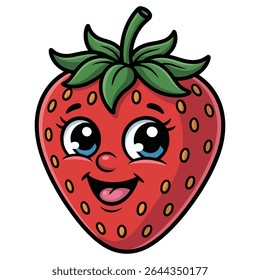 A cheerful cartoon strawberry with large blue eyes and a smiling face is depicted against a white background The strawberry is red with green leaves and small yellow seeds.
