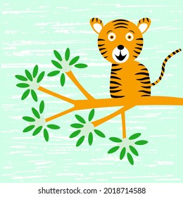 Cheerful cartoon striped orange tiger cub sits on a branch of a tree with green leaves on a light blue textured background. Vector illustration.