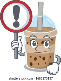 Cheerful cartoon style of chocolate bubble tea holding a sign
