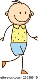 Cheerful cartoon style drawing of a happy child with simple lines. Vector Illustration.