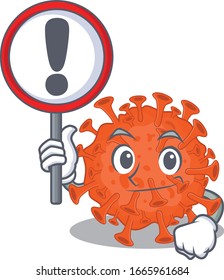 Cheerful cartoon style of electron microscope coronavirus holding a sign