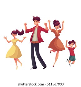 Cheerful cartoon style family jumping from happiness, cartoon vector illustrations isolated on white background. Happy family of father, mother, sister and son jumping in excitement