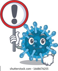 Cheerful Cartoon Style Of Microscopic Corona Virus Holding A Sign