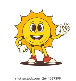 Cheerful cartoon sun character with classic gloves and sneakers waving hand and smiling warmly. Perfect for children’s content, branding, weather icons, and summer designs. Vector illustration