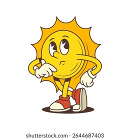 Cheerful cartoon sun character in vintage style with gloves and sneakers expressing thoughtful emotion. Suitable for summer designs, children’s products, logos, and weather apps. Vector illustration