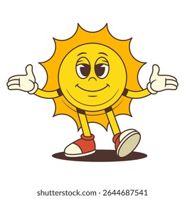 Cheerful cartoon sun mascot walking forward with open arms and a calm smile in retro animation style. Suitable for summer promotions, children’s projects and media content. Vector illustration