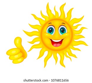 A cheerful cartoon sun on a white background. Smiling sun and hand with a finger raised up.                                                        