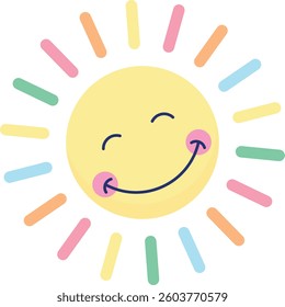 Cheerful cartoon sun with pastel-colored rays, smiling face, pink cheeks, and curved mouth, symbolizing positivity or happiness. Sun, smile, colors.
