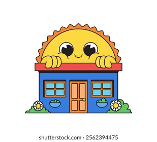 Cheerful cartoon sun peeking over o colorful house cartoon hand drawn illustration vector design