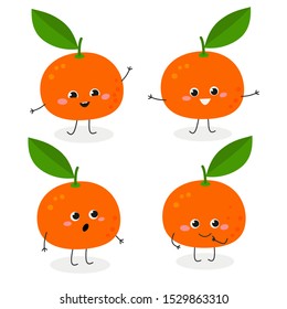Cheerful Cartoon Tangerine Characters Set In Flat Style. Vector Illustration Isolated On White Background 