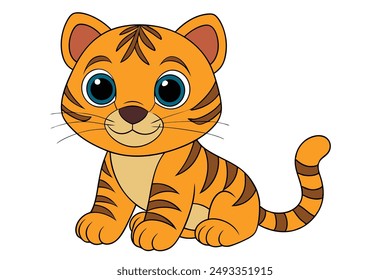 Ilustración vectorial sentada alegre del cachorro del tigre de la historieta: historieta, Clipart, y diseño de arte de la línea para los gráficos imprimibles