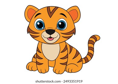 Cheerful Cartoon Tiger Cub Sitting Vector Illustration: Cartoon, Clipart, and Line Art Design for Printable Graphics
