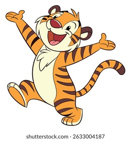 A cheerful cartoon tiger with open arms and a big smile, isolated on a white background, perfect for children's illustrations.
