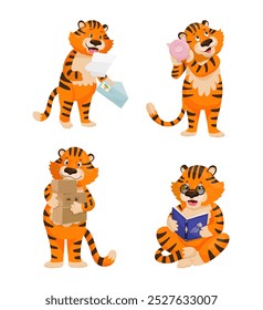 Um tigre de desenho animado realizando diferentes atividades, como ler um livro, segurar um cofrinho, entregar correspondência e carregar um pacote. Perfeito para projetos educacionais de crianças.