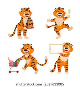A cheerful cartoon tiger pushing a shopping cart full of groceries, carrying a large festive cake, and celebrating with joy. Perfect for food-related designs and celebrations.